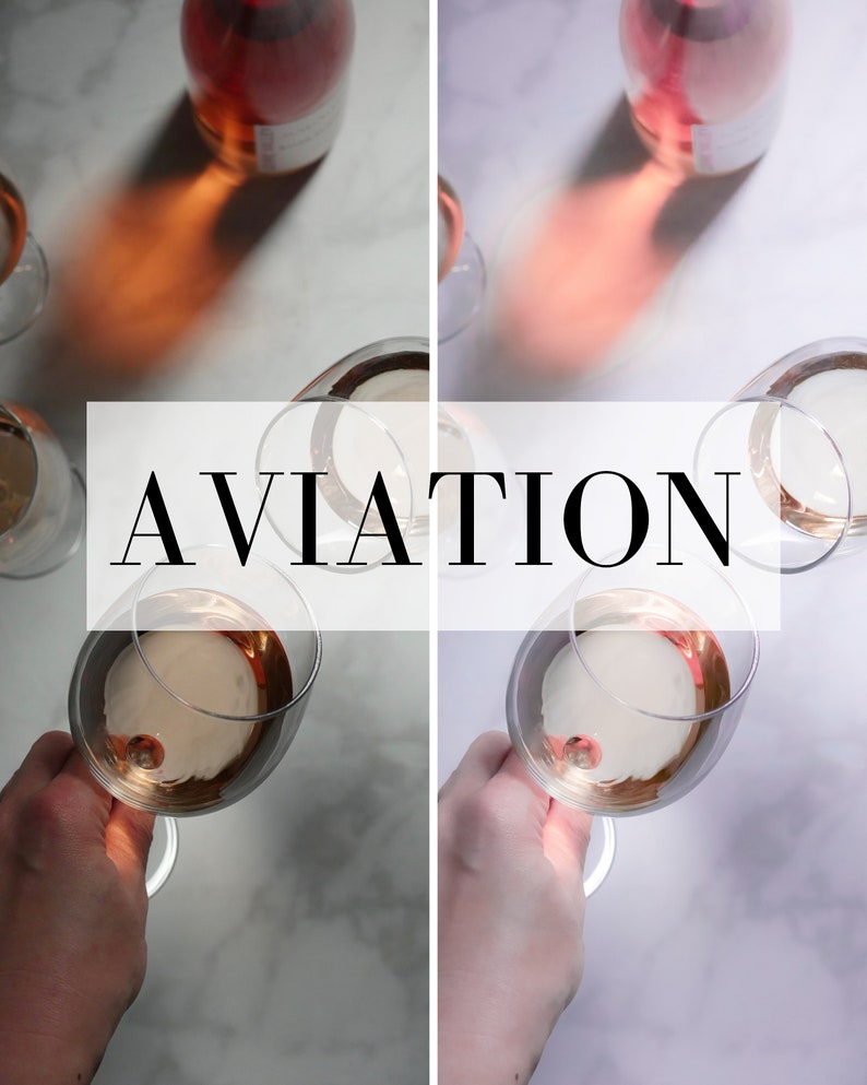 Puede incluir: Dos im&aacute;genes una al lado de la otra de una copa de vino rosado sostenida contra un fondo de m&aacute;rmol blanco. La palabra "AVIATION" est&aacute; escrita en texto negro sobre un rect&aacute;ngulo blanco en el centro de la imagen.