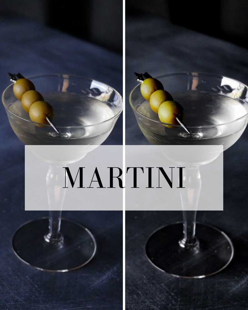 Puede incluir: Dos copas de martini llenas de un l&iacute;quido transparente y adornadas con aceitunas verdes en un palillo. El texto "MARTINI" se muestra en el centro de la imagen.