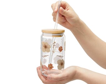 Fall Florals Glass Sipper with Lid and Straw, Fall Housewarming, Teacher Gift, Thanksgiving Present, Eco-Friendly Floral Glass Tumbler