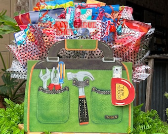 Snack Bouquet Green Toolbox filled with Goodies, Gift for Father's Day, Birthdays, Special Occasions