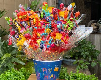 Candy Bouquet Happy Birthday Blue with Surrounding Gifts Melamine Pot