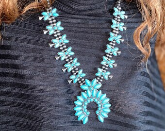 Western Boho Crystal Turquoise Squash Blossom Statement  display picture 2