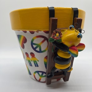 Clay Pot (BEE PROUD) Flower Planter Flower Pot Decopodged Handmade Clay Fun Gift 5&quot; Planter Centerpiece (LGBTQ+) Pride Month