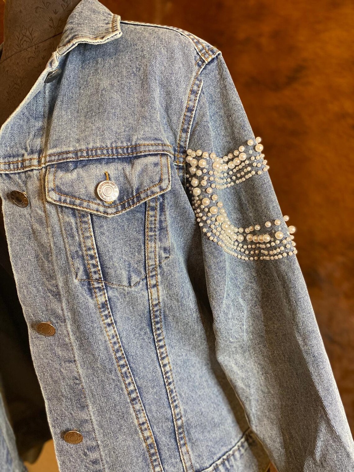 Denim Pearl Jacket Embellished with White Pearls all Thru Back Etsy