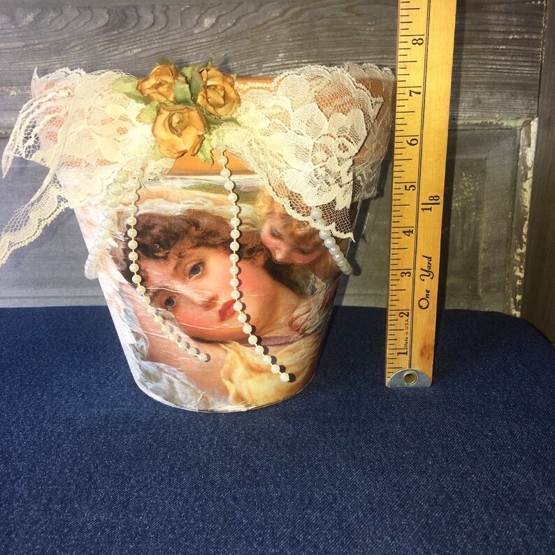 Clay Pot Planter Decoupaged Decopodged 7.5\u201d Angels Centerpiece Vintage Look Flower Pot PLANTS NOT INCLUDED