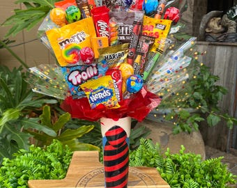 Ramo de caramelos, agradecimiento al maestro, Día del Padre, feliz cumpleaños, jarrón de cerámica con corbata