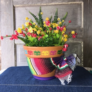 Clay Pot Planter Decoupaged Decopodged 8.3”Purple Mexican Fiesta Zerape Wrap Centerpiece &quot;PLANTS NOT INCLUDED&quot;