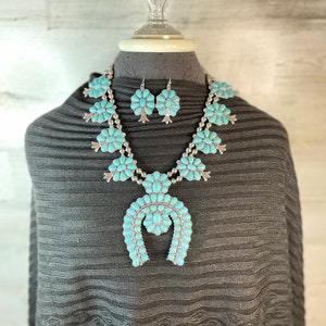 Squash Blossom Necklace and Earring Set Faux Turquoise Stones