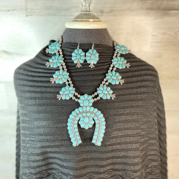 Squash Blossom and Faux Turquoise & Earring Set - 24 inch necklace