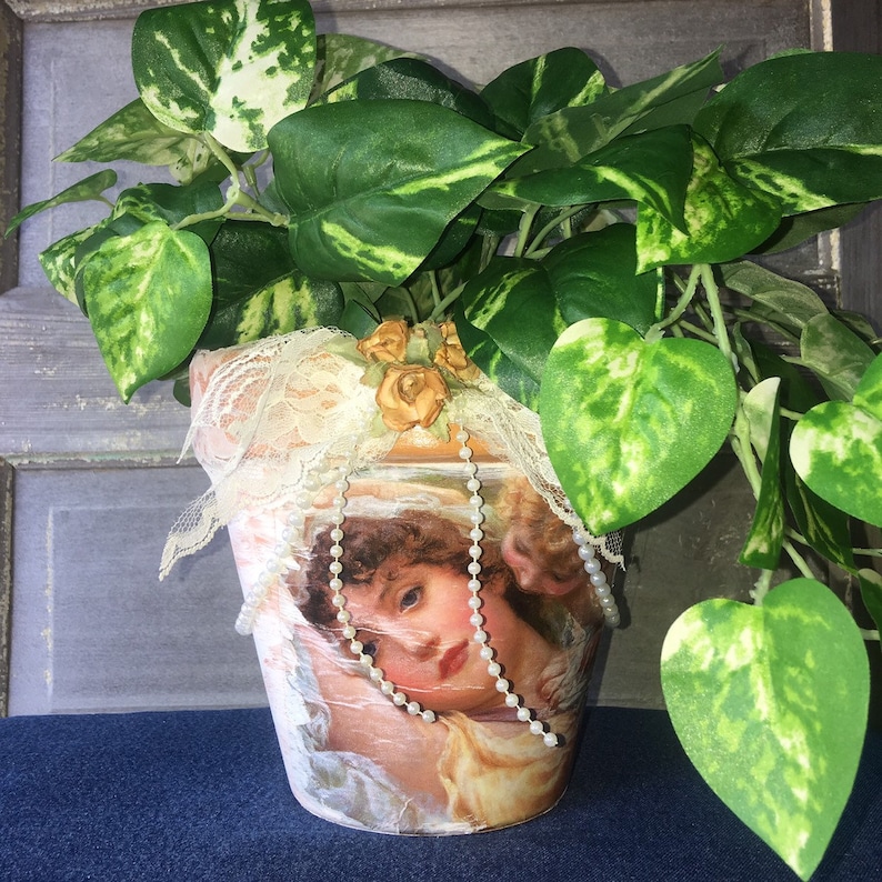 Clay Pot Planter Decoupaged Decopodged 7.5\u201d Angels Centerpiece Vintage Look Flower Pot PLANTS NOT INCLUDED