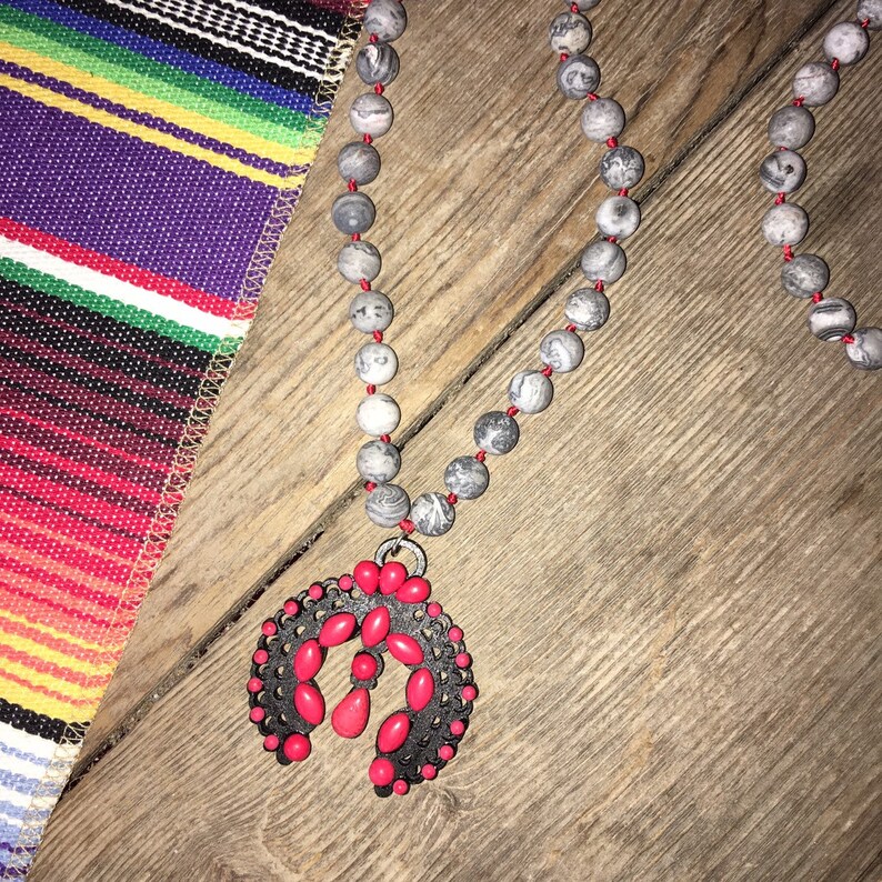 Squash Blossom Necklace Red Stones on Wood Gray Faux Jasper Etsy