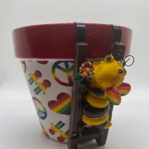 Clay Pot (BEE PROUD) Flower Planter Flower Pot Handmade Decopodged Fun Gift 5&quot; Planter Centerpiece (LGBTQ+) Pride Month