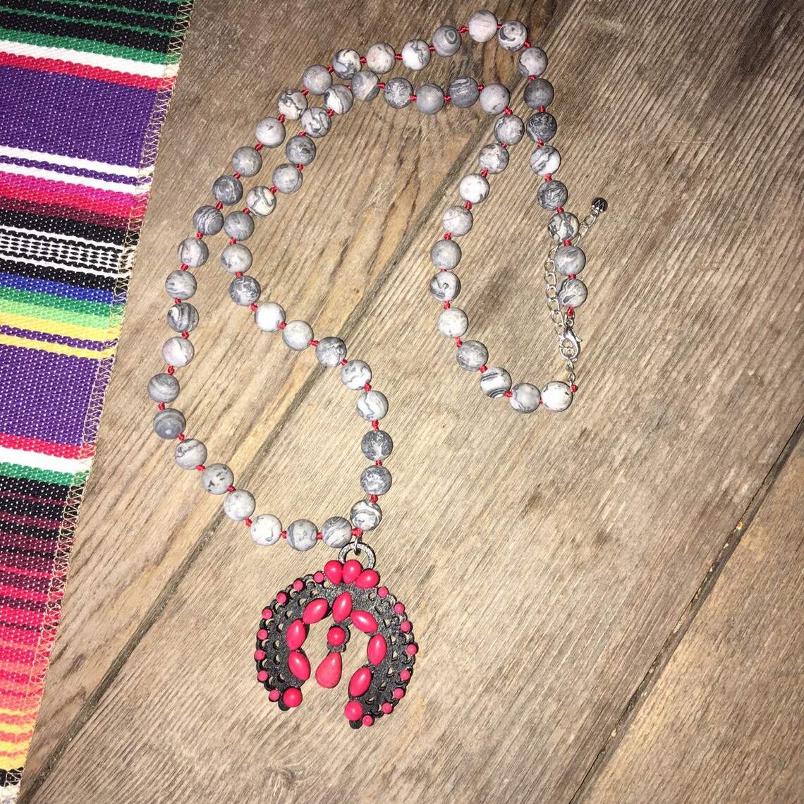 Squash Blossom Necklace Red Stones on Wood Gray Faux Jasper Etsy