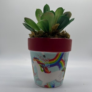 Può includere: Un piccolo vaso di fiori decorativo con un disegno di unicorno dipinto e un arcobaleno. Il vaso ha un bordo rosso ed è riempito con una pianta succulenta verde. Il vaso è alto circa 10 cm.