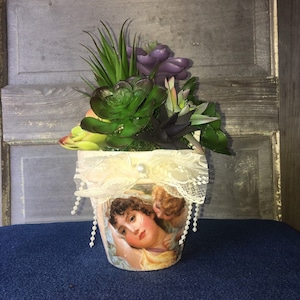 Clay Pot Planter Decoupaged Decopodged  Vintage Flower Pot  5.9” Angels Centerpiece &quot;PLANTS NOT INCLUDED&quot;