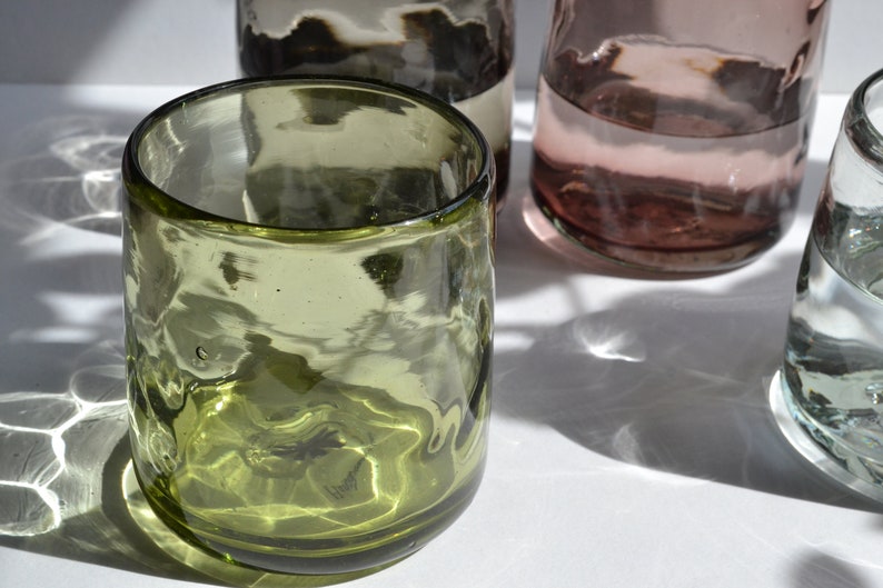 8 Organic shape tumblers handblown olive green Recycled Glass image 1