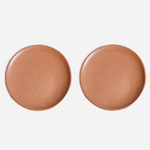 May include: Two terracotta plates, each with a smooth, slightly textured surface. The plates are a warm, reddish-brown colour.
