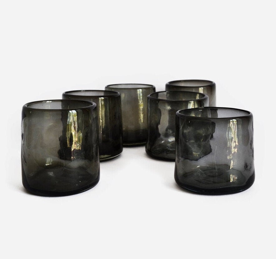 6 Black Smoked Tumblers Handmade Recycled Glass Barware 