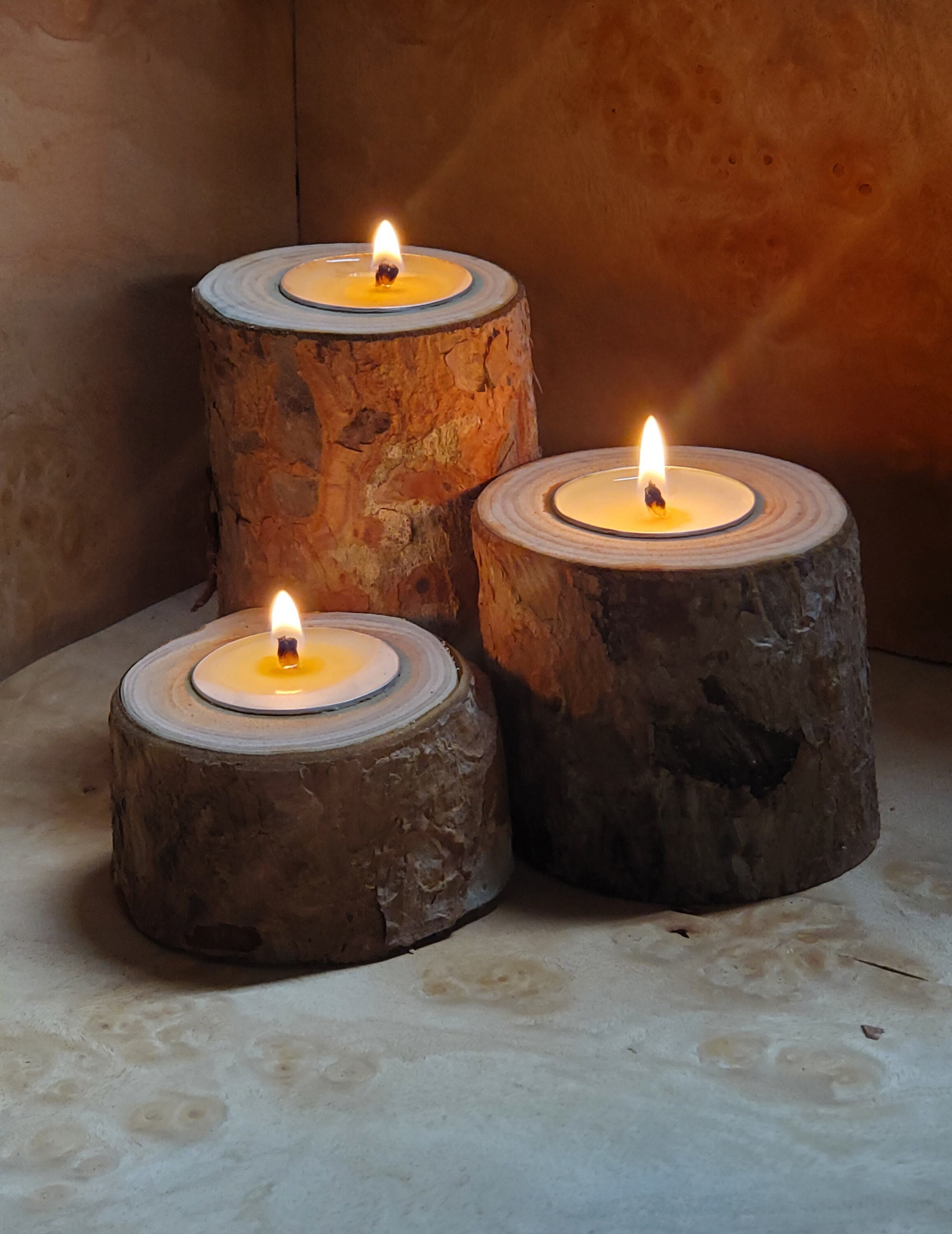 Set of 3 Natural Wood Log tealight candle holder with scented tealights - fits the tealights in my other listing.