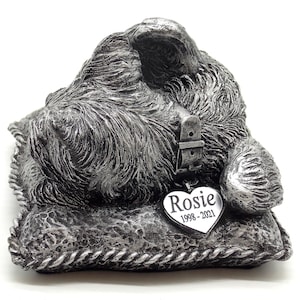 May include: Silver pet memorial figurine of a dog lying on a pillow with a heart-shaped tag that reads "Rosie 1998-2021".