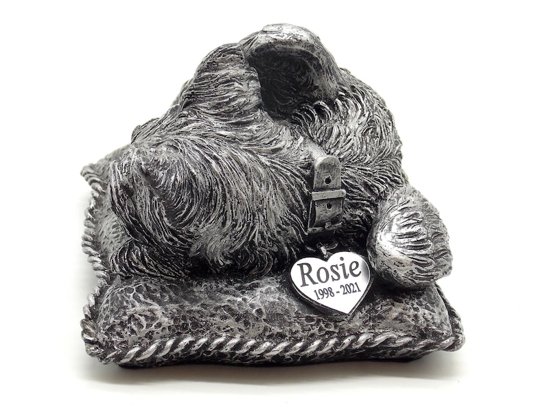 May include: Silver pet memorial figurine of a dog lying on a pillow with a heart-shaped tag that reads "Rosie 1998-2021".