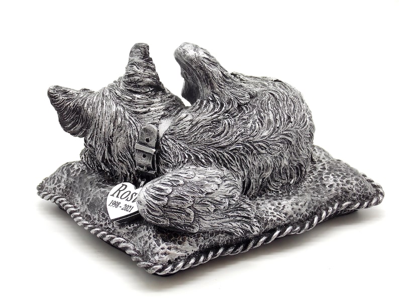May include: Silver memorial figurine of a dog lying on a pillow with a heart-shaped tag that reads "Rosie 1998-2021".
