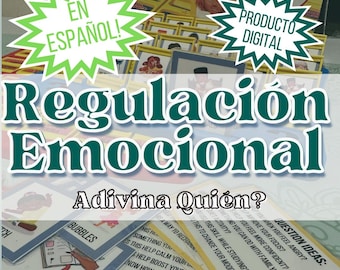 May include: A digital product with the text "Regulación Emocional" and "Adivina Quién?" in Spanish. The image includes cards with questions and the text "En Español!" and "Producto Digital". The background features a board game.