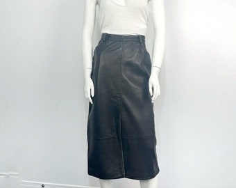 Vintage Black Leather Midi Skirt with Gold Stud Detail