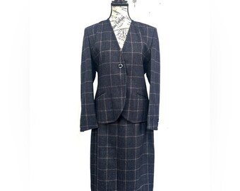 Vintage Aquascutum London 100% Wool Check Plaid Skirt Suit Set Blazer