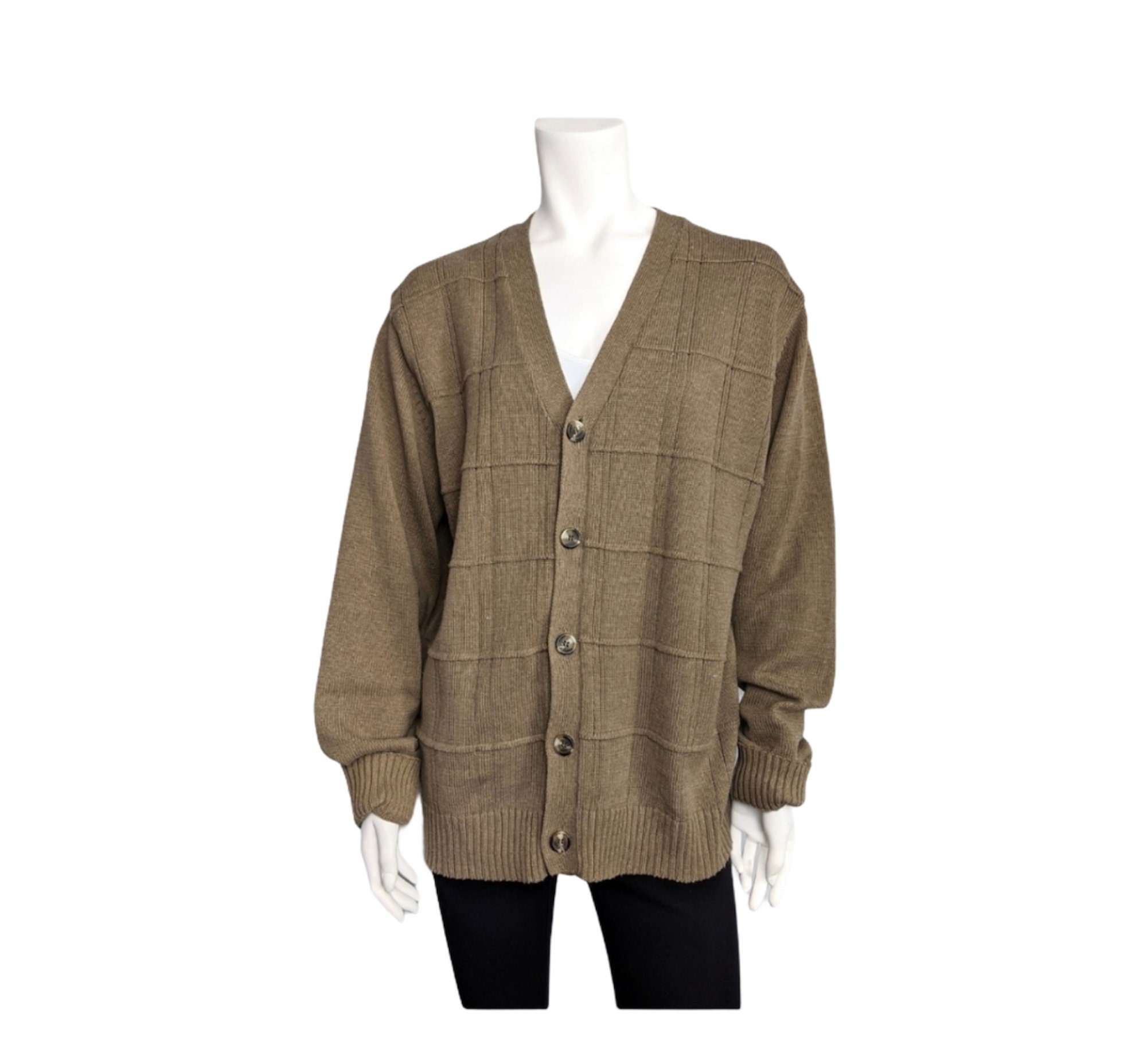 Vintage 90s Oscar de La Renta Tan V Neck Cardigan Sweater Large