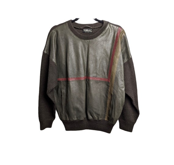 Vintage Torras men’s leather patchwork wool sweate