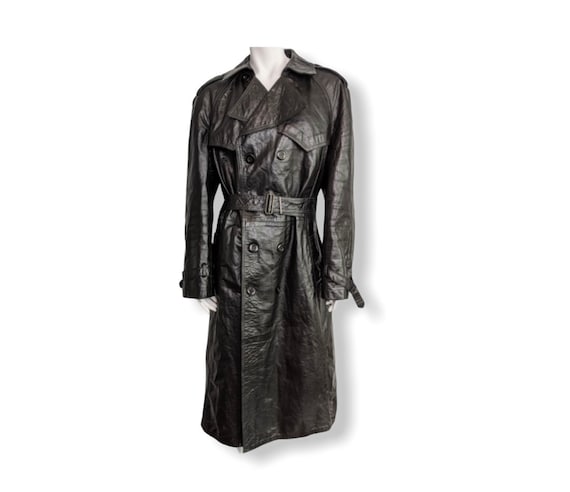 Black vintage leather trench maxi coat