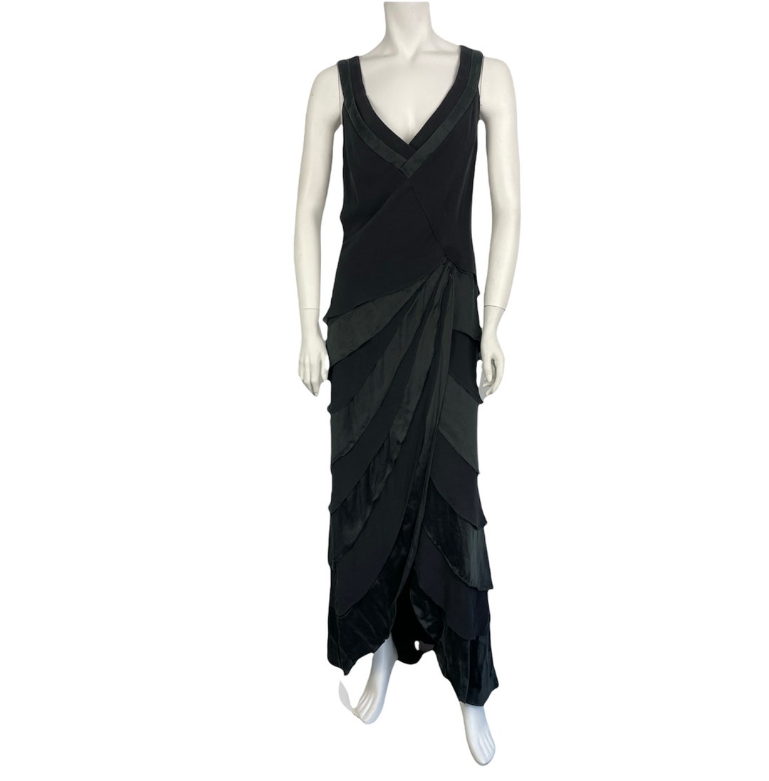 Vintage Tadashi Shoji Black 100% Silk Sleeveless Layered Tiered Draped ...