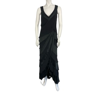 Vintage Tadashi Shoji Black 100% Silk Sleeveless Layered Tiered Draped Gown