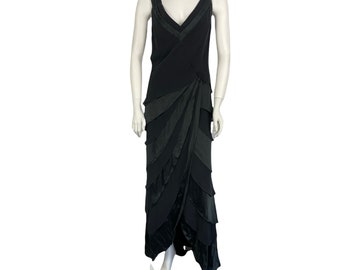 Vintage Tadashi Shoji Black 100% Silk Sleeveless Layered Tiered Draped Gown