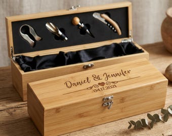 Caja de vino, caja de vino para bodas, regalo de boda para parejas, abridor de vino grabado, set de regalo de caja de vino personalizado, abridor de vino - set de vino, caja de madera