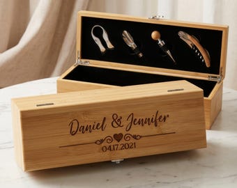 Caja de vino de madera, caja de vino, caja de vino para boda, regalo de boda para pareja, abridor de vino grabado, set de regalo de caja de vino personalizada, abridor de vino