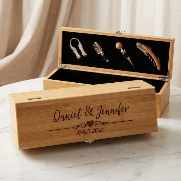 Caja de vino de madera, caja de vino, caja de vino para boda, regalo de boda para pareja, abridor de vino grabado, set de regalo de caja de vino personalizada, abridor de vino