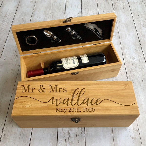 Wine Box, Wedding Wine Box, Wedding Gift for Couple, Engraved Wine Opener, Personalized Wine Box Gift Set, Wine Opener - Wine Set, Wood Box