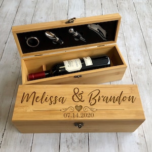 Wooden Wine Box, Wine Box, Wedding Wine Box, Wedding Gift for Couple, Engraved Wine Opener, Personalized Wine Box Gift Set, Wine Opener