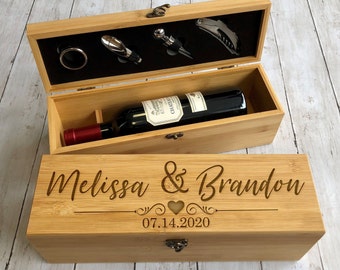Boîte à vin en bois, Boîte à vin, Boîte à vin de mariage, Cadeau de mariage pour couple, Ouvre-bouteille gravé, Coffret cadeau boîte à vin personnalisée, Ouvre-bouteille