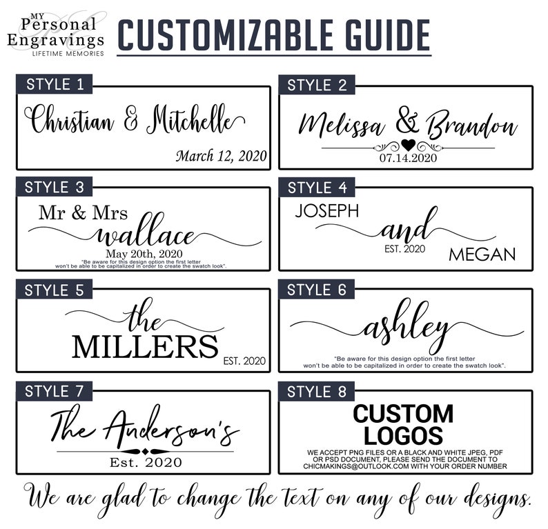 May include: A customizable guide with eight design styles for personalized engravings. Each style features names and dates in elegant fonts. The guide includes options for custom logos and text changes. The text is in black on a white background.