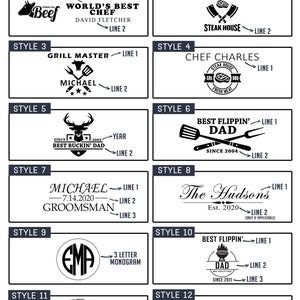 May include: Customizable guide with 12 design styles for personalized engravings. Styles include text like "World's Best Chef", "Steak House", "Grill Master", and "Best Flippin' Dad". Each style has a unique layout with text and graphics.