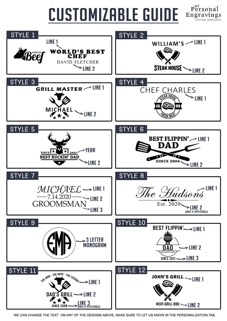 May include: Customizable guide with 12 design styles for personalized engravings. Styles include text like "World's Best Chef", "Steak House", "Grill Master", and "Best Flippin' Dad". Each style has a unique layout with text and graphics.