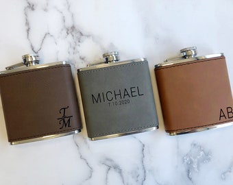 Matraz grabado, matraz personalizado, matraz para mujeres, juego de matraces de padrinos, matraz de cuero, matraz de boda, matraz negro, matraz monograma