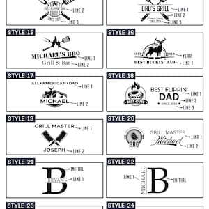 May include: A customizable guide featuring various BBQ and grilling-themed logo designs. The guide includes styles with text like "Grill Master," "Best Flippin' Dad," and initials. The designs are in black and white.