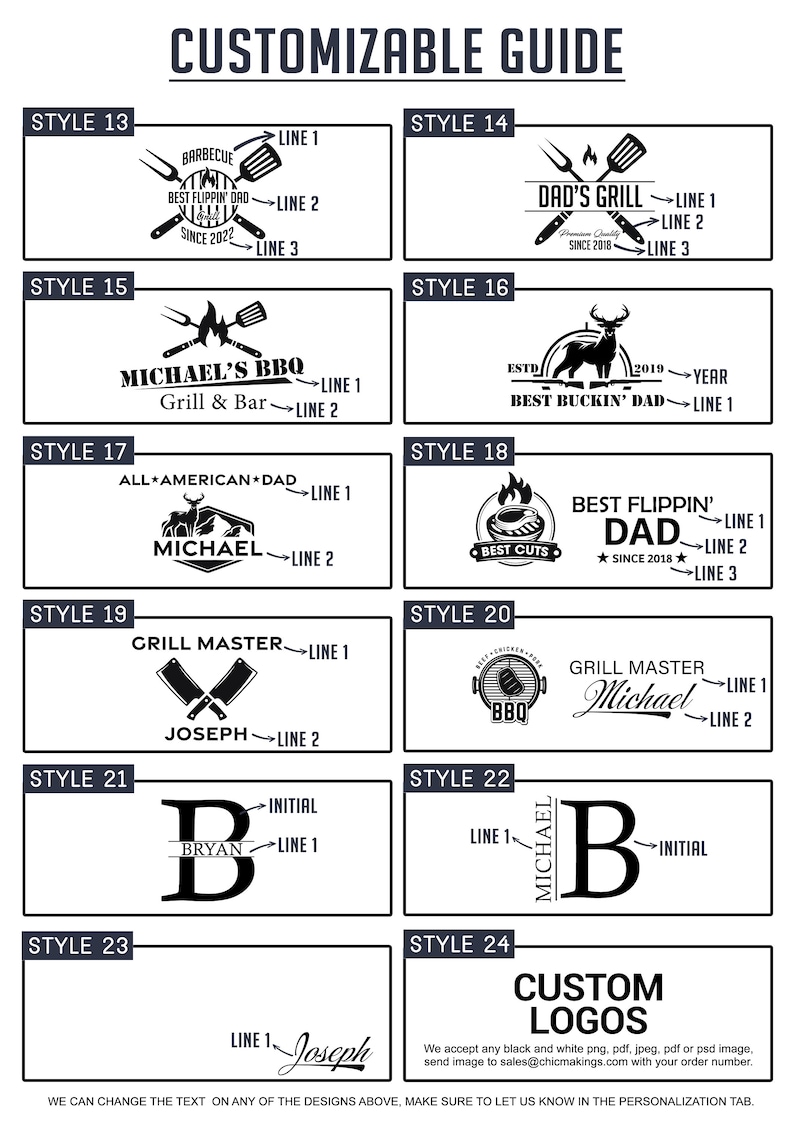 May include: A customizable guide featuring various BBQ and grilling-themed logo designs. The guide includes styles with text like "Grill Master," "Best Flippin' Dad," and initials. The designs are in black and white.