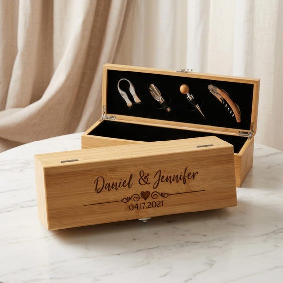 Wooden Wine Box, Wine Box, Wedding Wine Box, Wedding Gift for Couple, Engraved Wine Opener, Personalized Wine Box Gift Set, Wine Opener