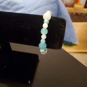 Handmade White & Light Blue Pearl Beaded Stretch Bracelet