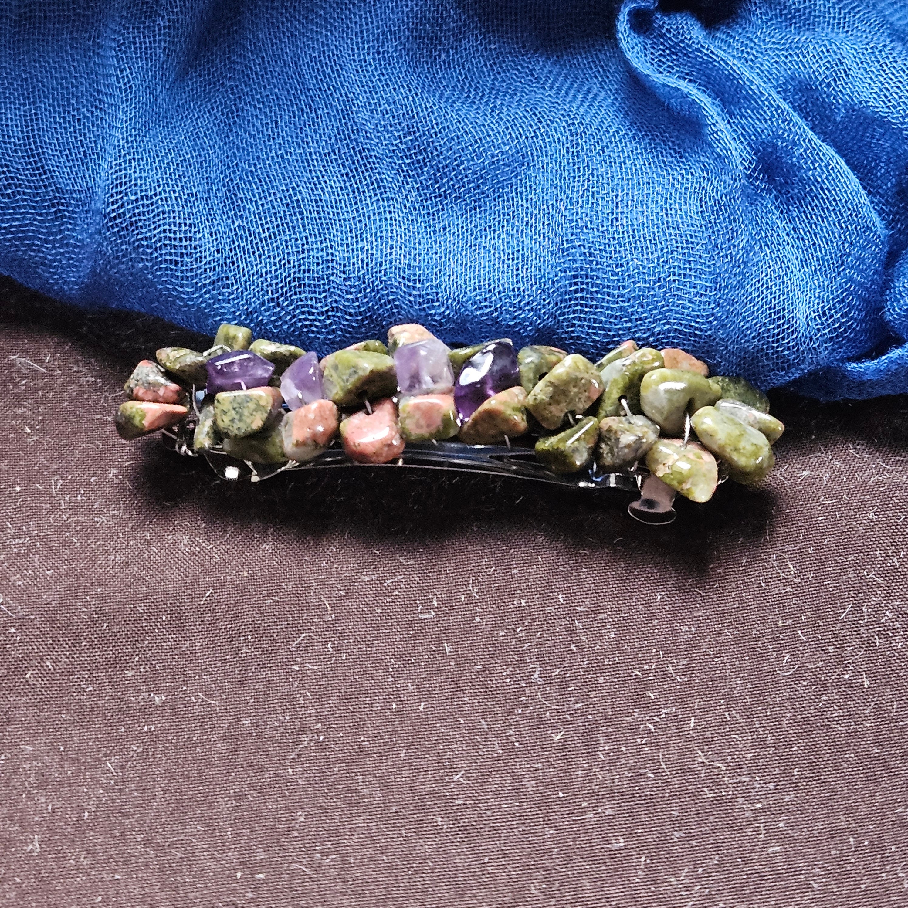 Multi-Color Gemstone Chip Hair Barrette - Purple & Teal Handmade Multi-colored Stone Chip Barrette - Elegant Hair  main image 3